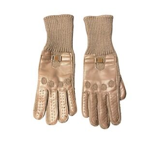 Leather Knit Cuff Gloves Womens Medium Brown Driving Perforated Vintage Style
